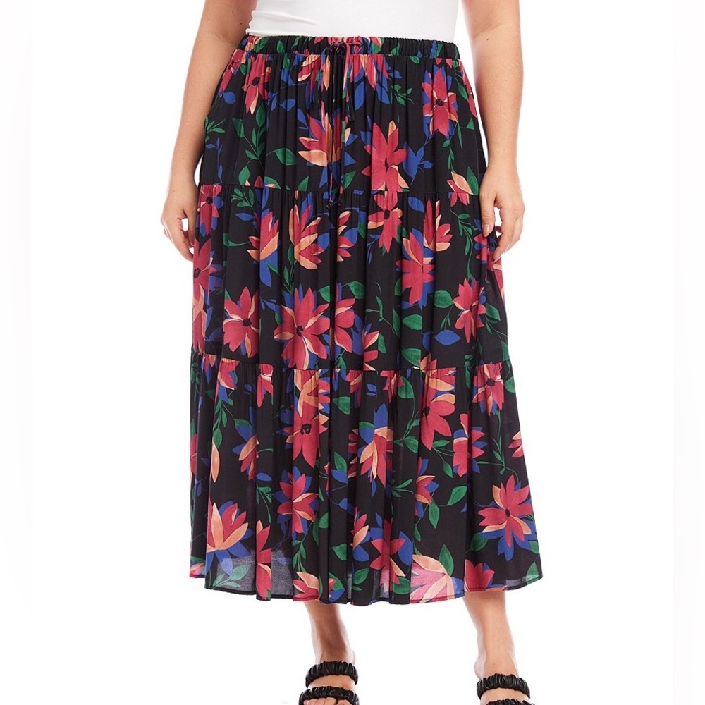 Karen Kane In Full Bloom Tiered‎ Midi Skirt 3X NWT Black Pink